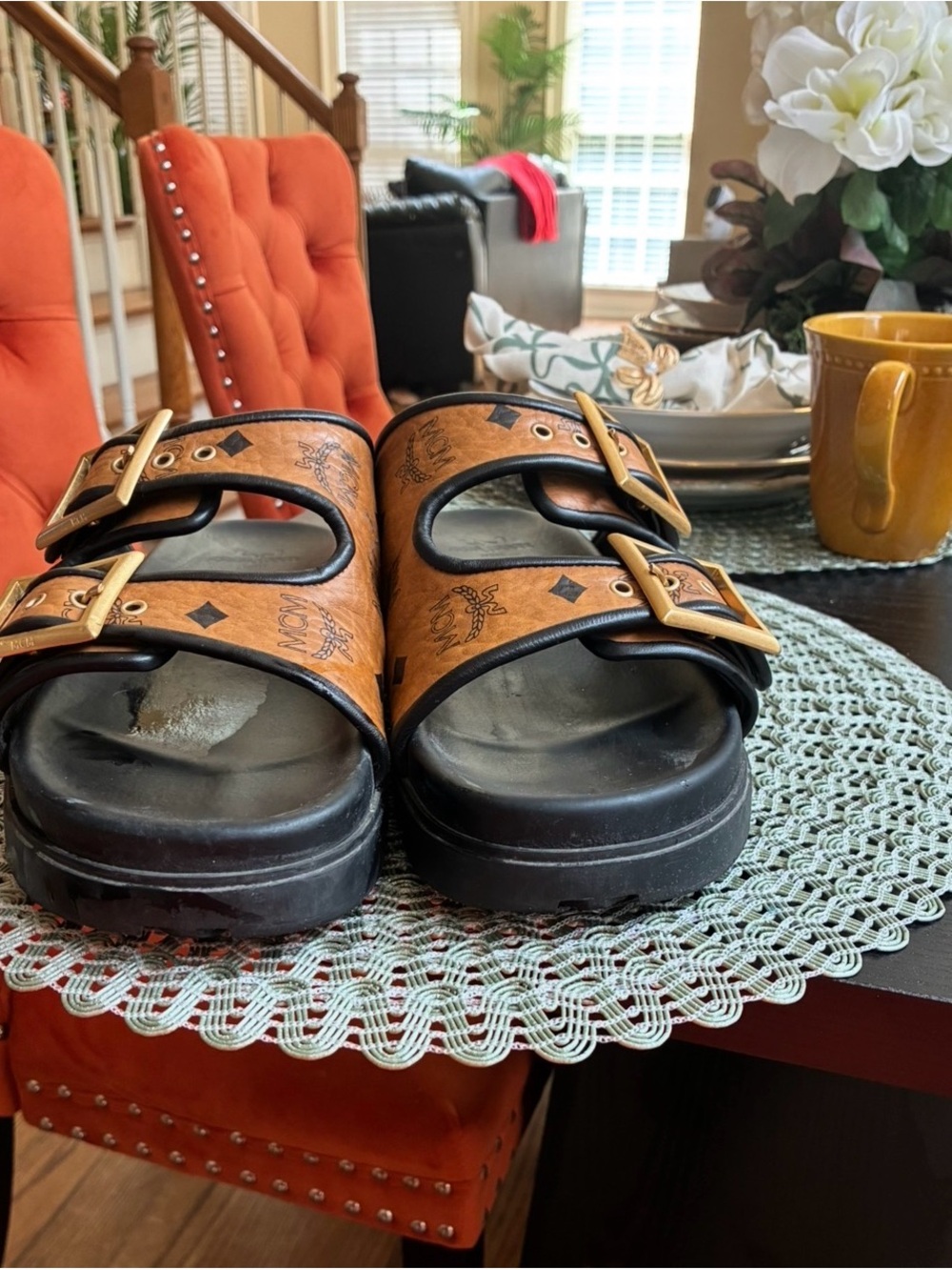 MCM Brown Logo Double-Buckle Slide Sandals with Gold Buckles
